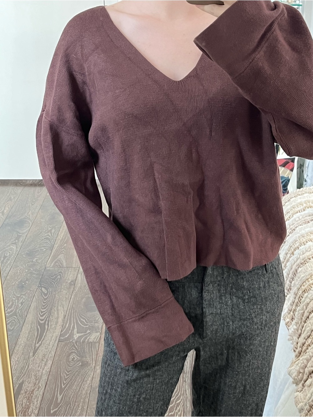 Dynamite Chocolate Brown V-Neck Ribbed Summer Sweater